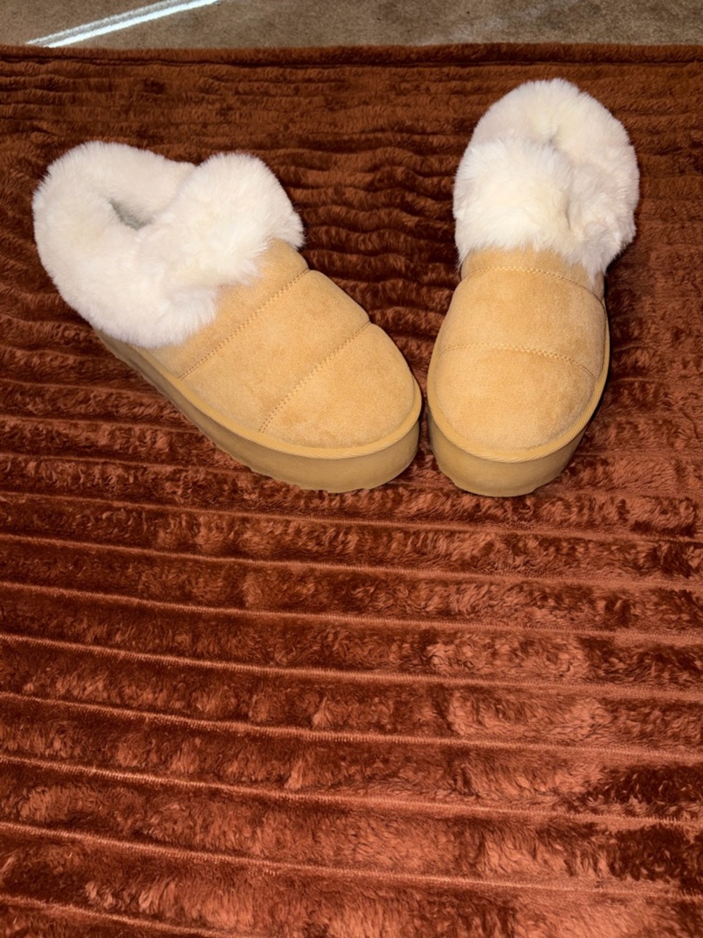 Cozy Faux-Suede Platform Slippers with Shearling Trim - Tan